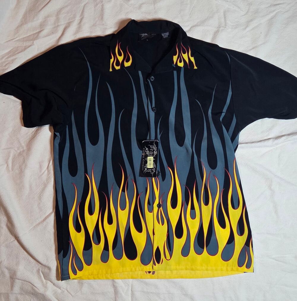 VINTAGE NWT 90s Y2K Dragonfly Clothing Co Flame Shirt Men's Large Deadstock